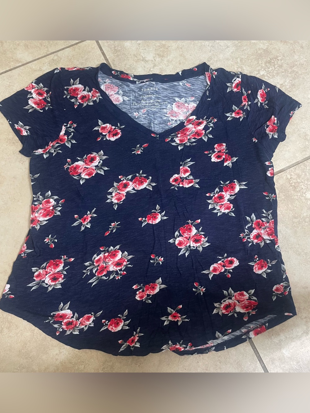 torrid Navy Floral V-Neck Tee with Red Rose Print